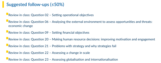 Follow-up teaching suggestions highlighting low-scoring questions for reteach